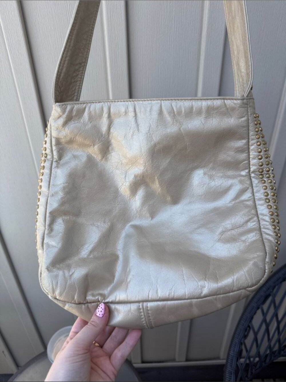 PINKY Genuine Leather Studded Metallic Cream Shoulder / Crossbody Bag - Picture 4 of 11